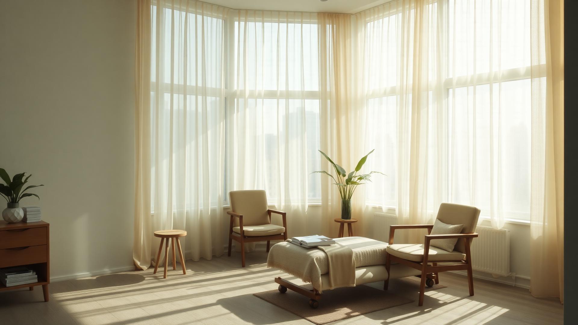 Calm therapy office with sunlit windows